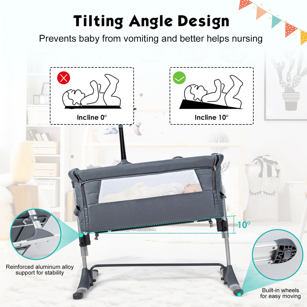 Height Adjustable Baby Side Crib with Music Box & Toys - Dark Gray