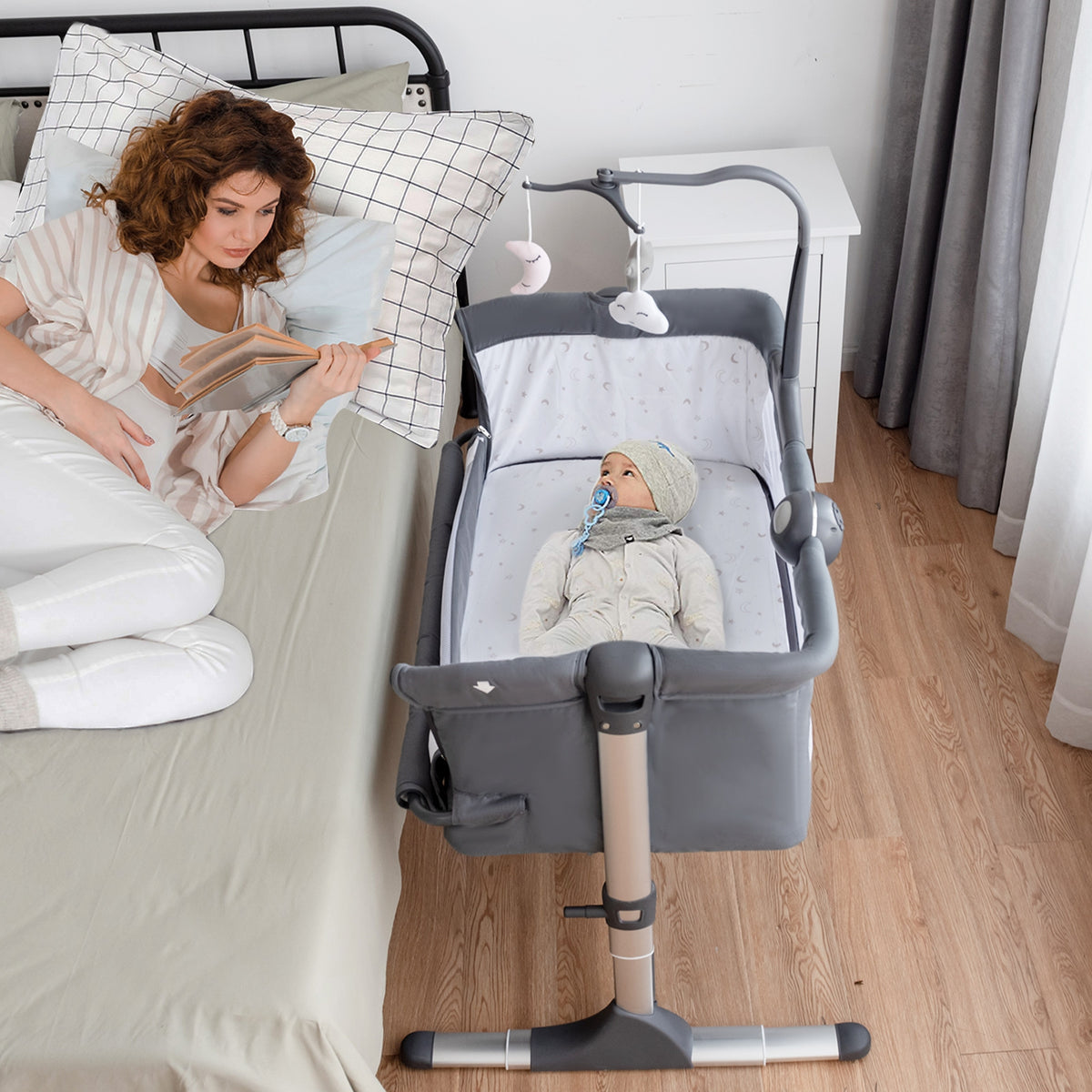 Height Adjustable Baby Side Crib with Music Box & Toys - Dark Gray