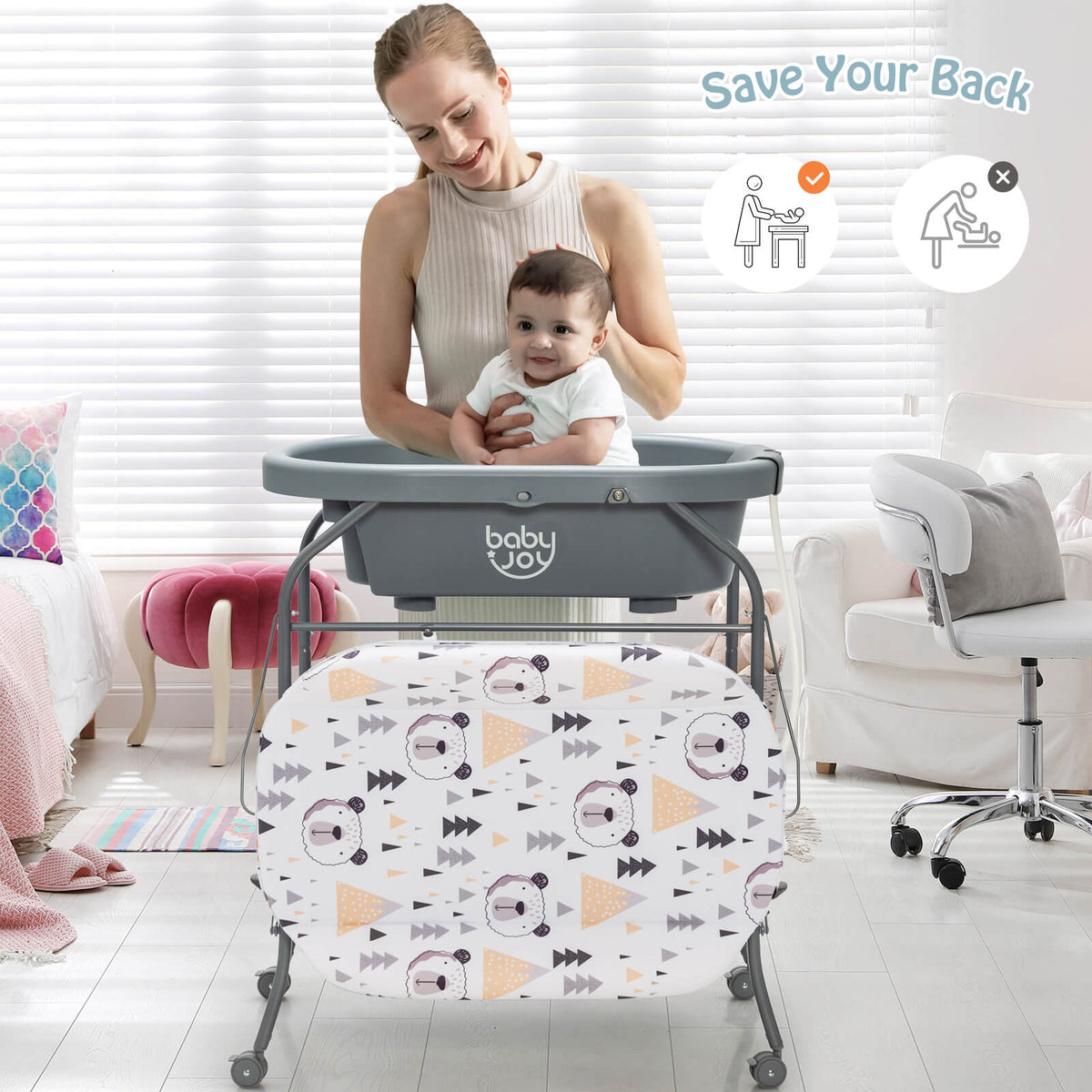Pink Folding Baby Changing Table with Bathtub & 4 Universal Wheels
