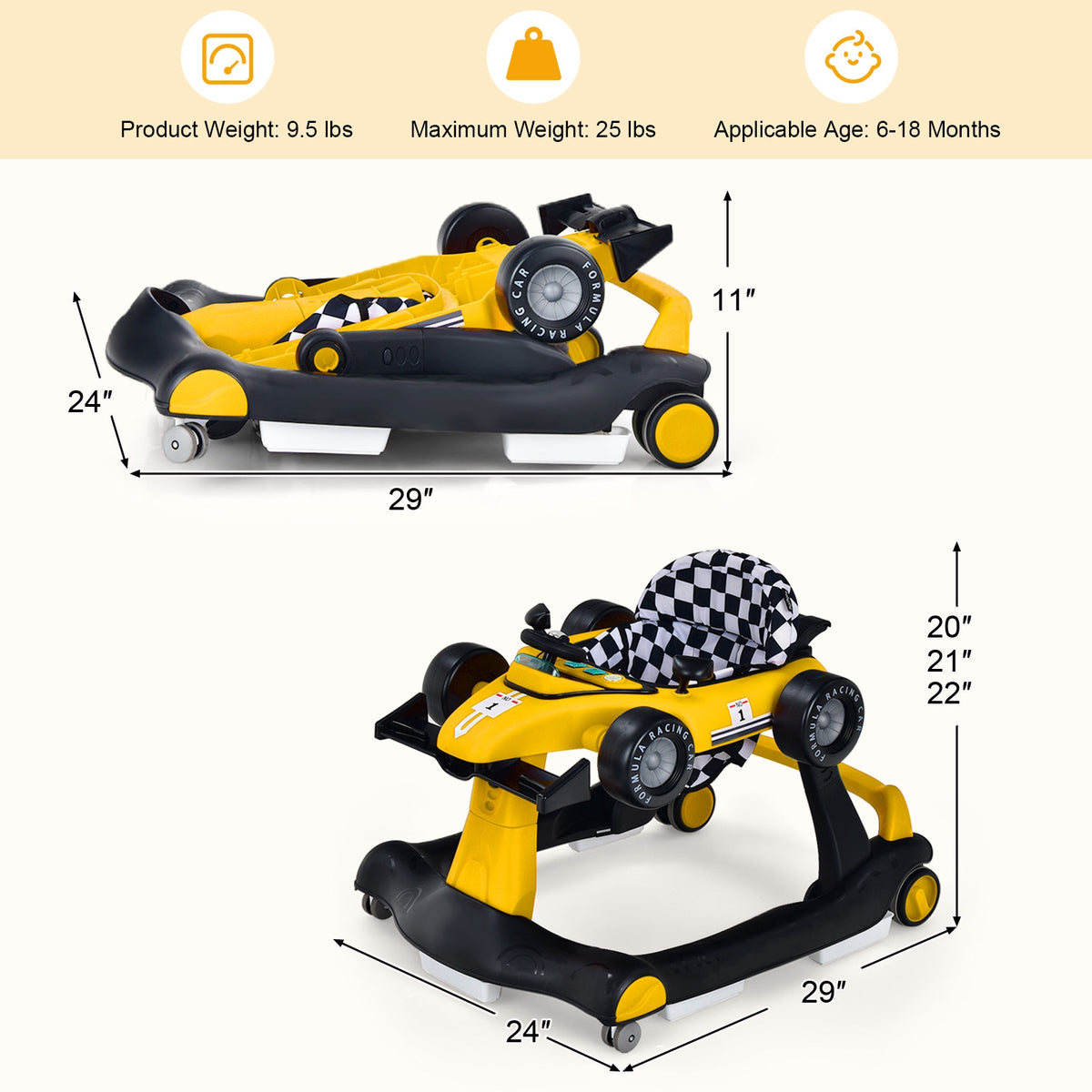 4-in-1 Baby Push Walker with Adjustable Height - Yellow Variation