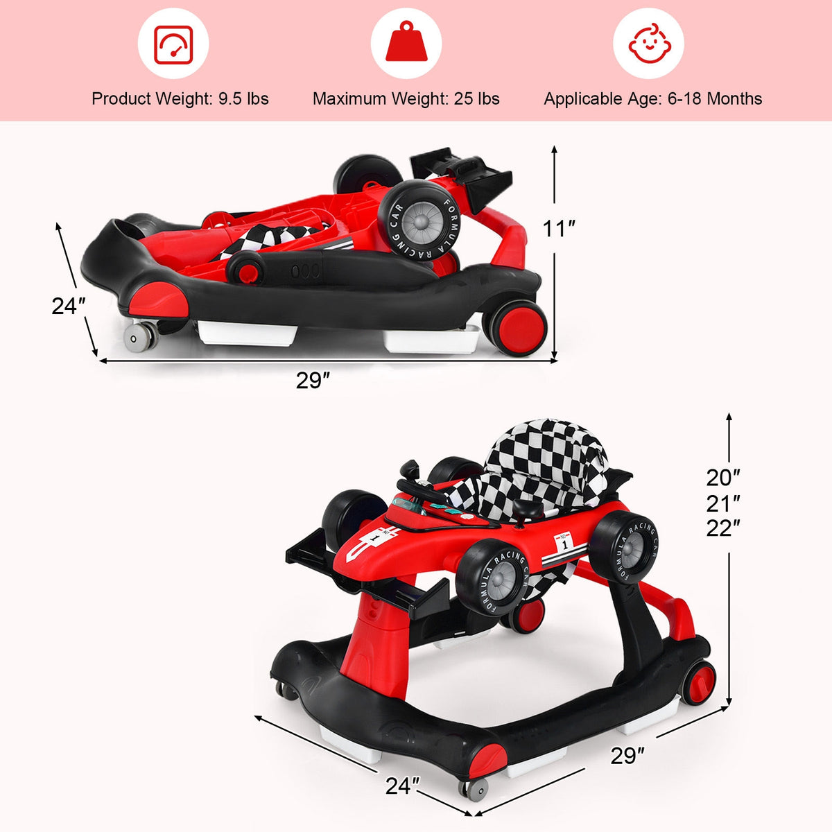 4-in-1 Baby Push Walker with Adjustable Height - Red, Foldable Activity Walker for Toddlers