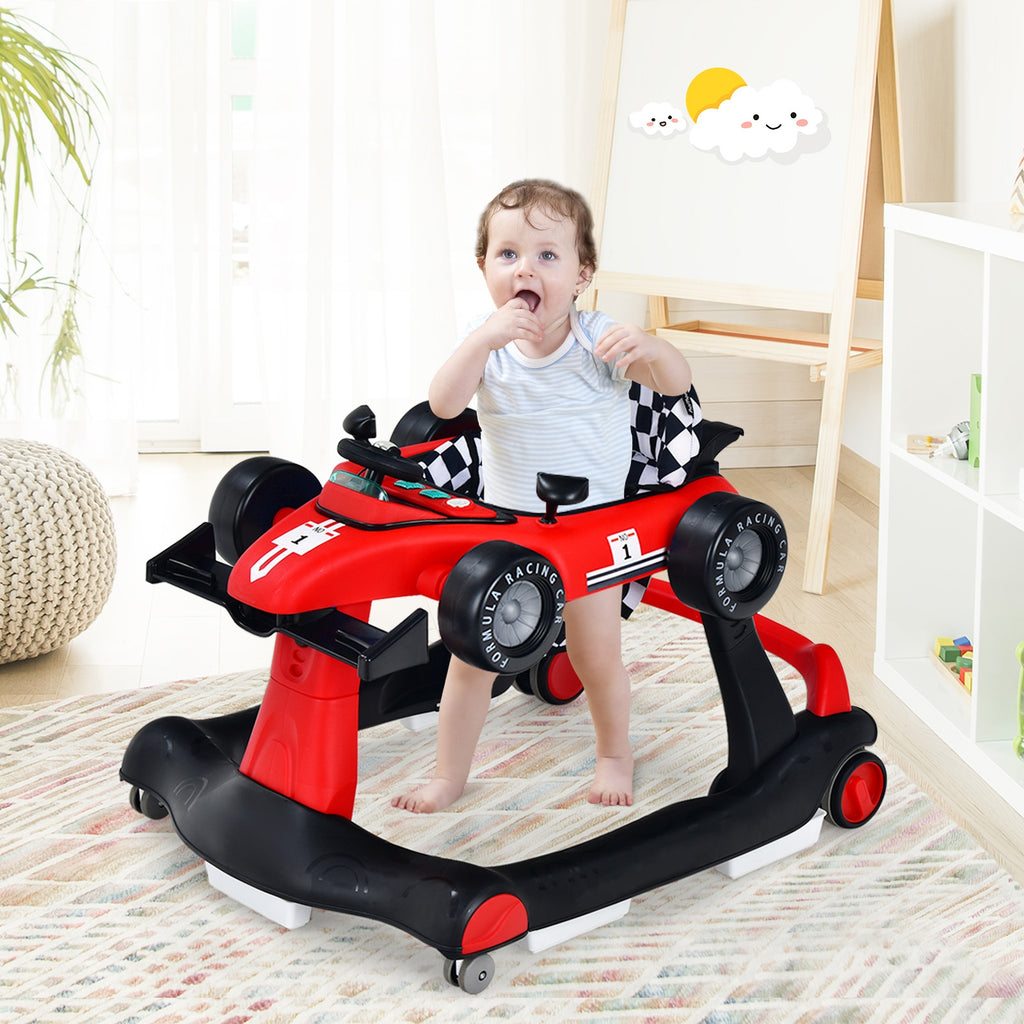 4-in-1 Baby Push Walker with Adjustable Height - Red, Foldable Activity Walker for Toddlers
