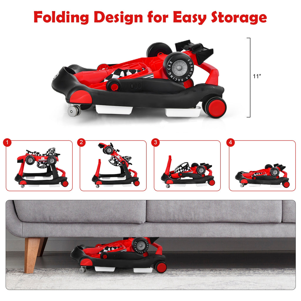 4-in-1 Baby Push Walker with Adjustable Height - Red, Foldable Activity Walker for Toddlers