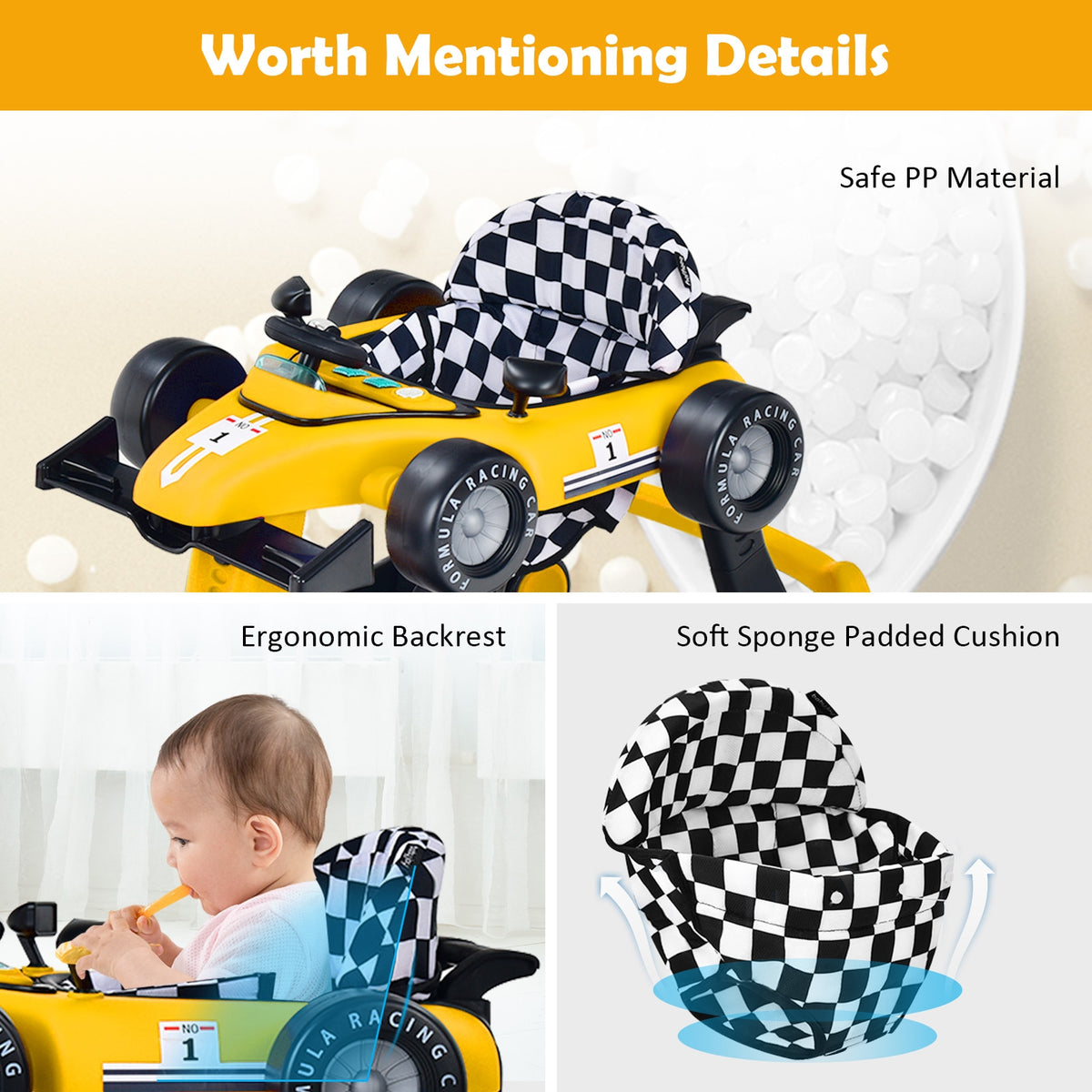 4-in-1 Baby Push Walker with Adjustable Height - Yellow Variation