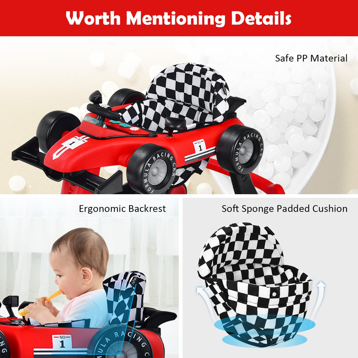 4-in-1 Baby Push Walker with Adjustable Height - Red, Foldable Activity Walker for Toddlers