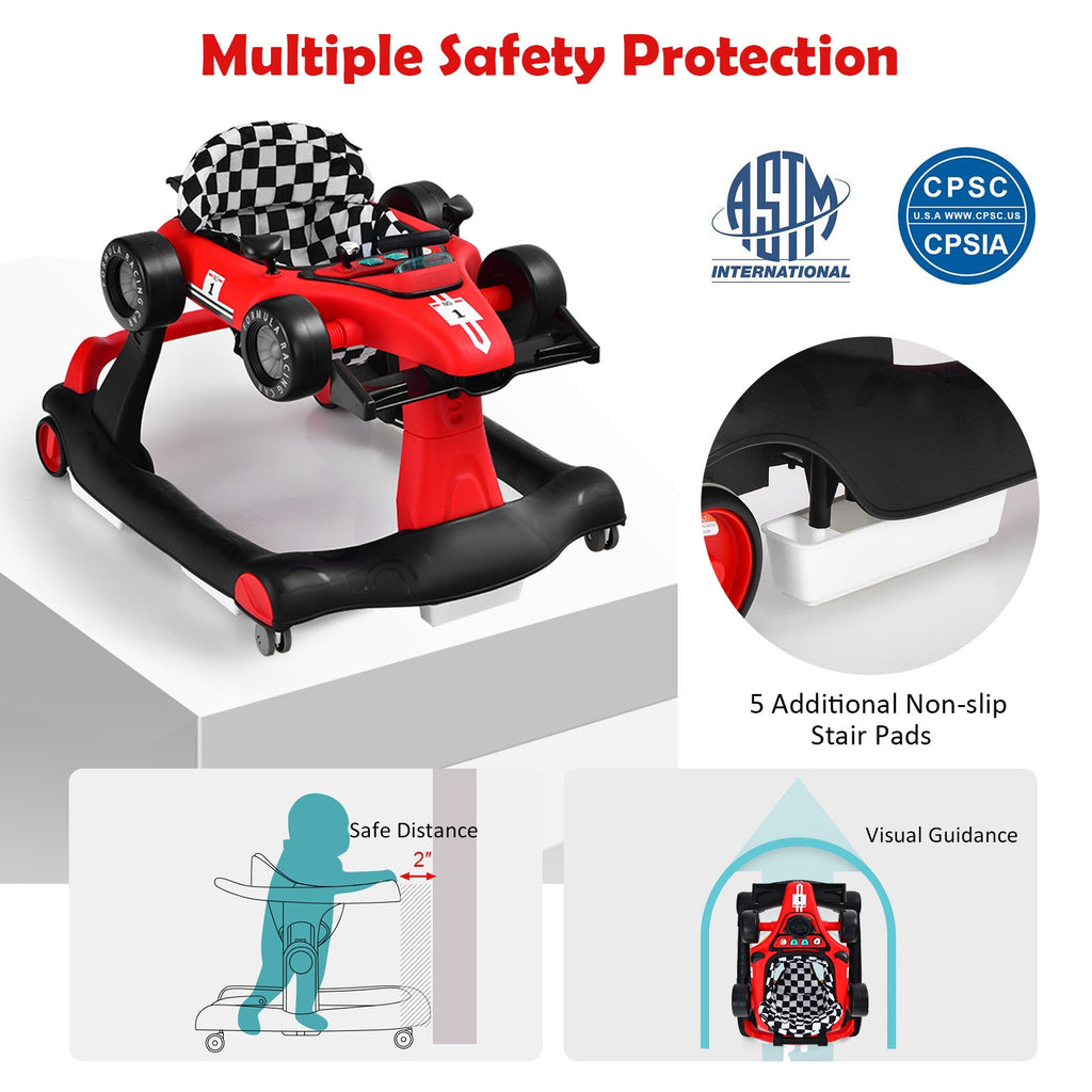 4-in-1 Baby Push Walker with Adjustable Height - Red, Foldable Activity Walker for Toddlers