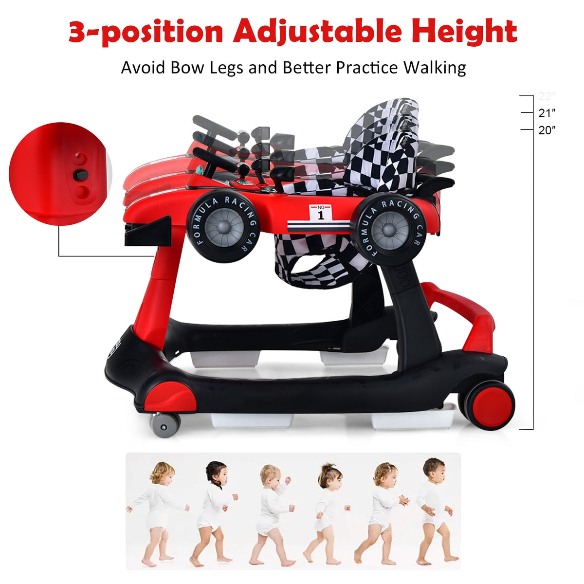 4-in-1 Baby Push Walker with Adjustable Height - Red, Foldable Activity Walker for Toddlers