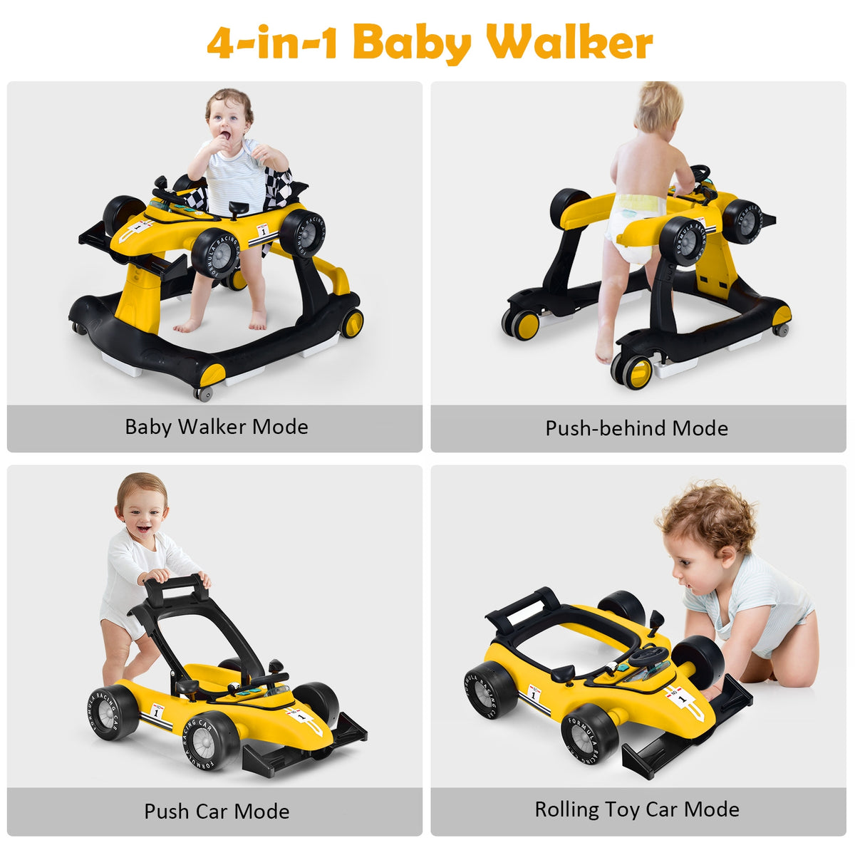 4-in-1 Baby Push Walker with Adjustable Height - Yellow Variation
