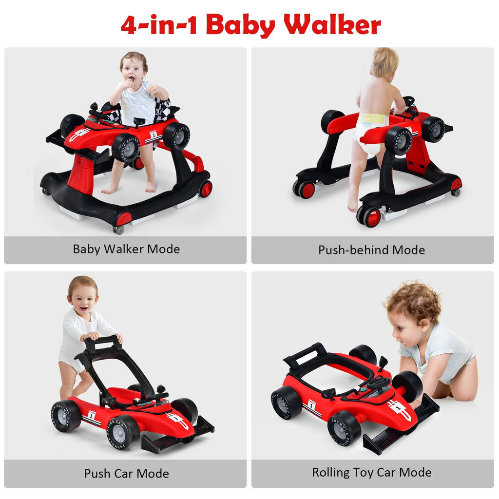 4-in-1 Baby Push Walker with Adjustable Height - Red, Foldable Activity Walker for Toddlers
