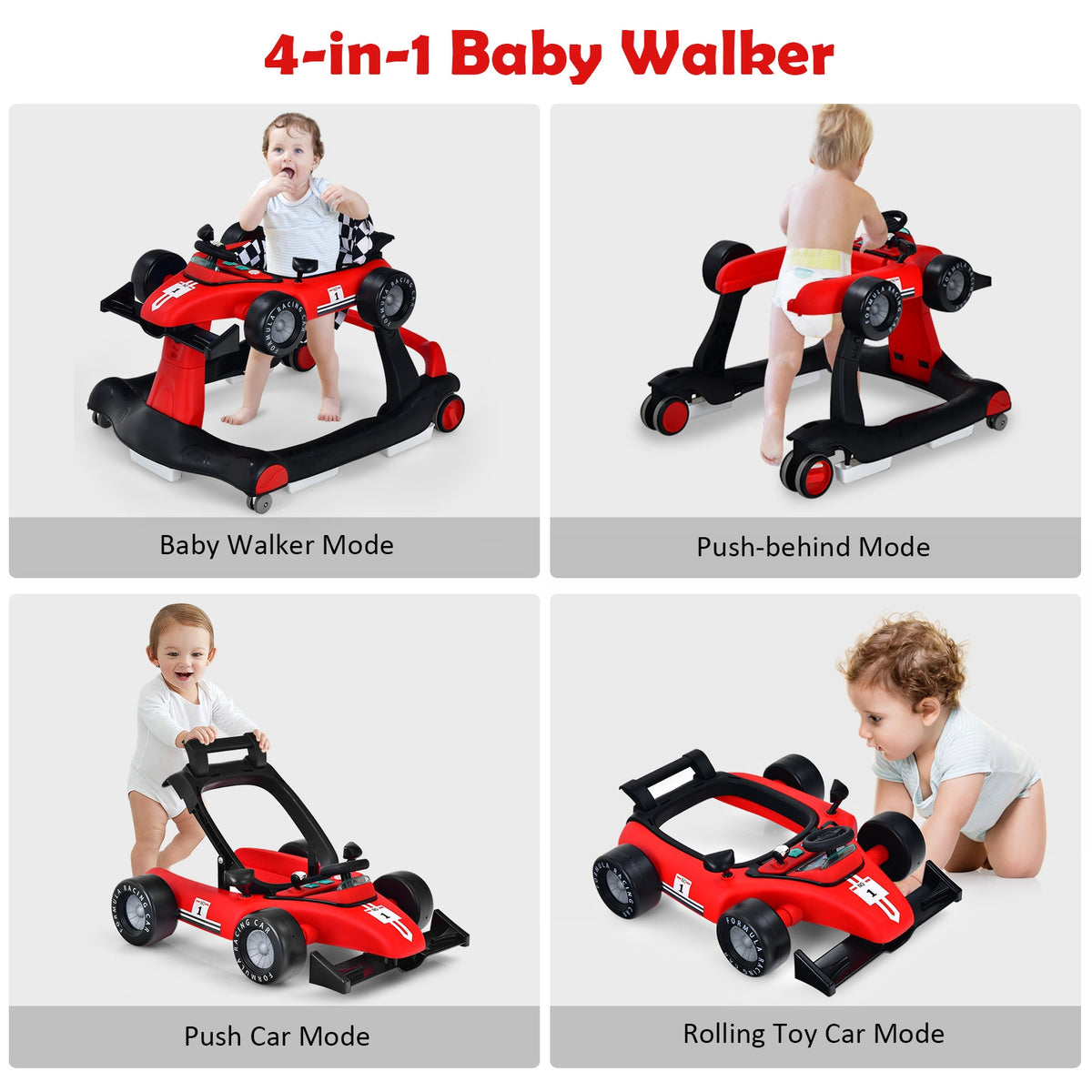 4-in-1 Baby Push Walker with Adjustable Height - Red, Foldable Activity Walker for Toddlers