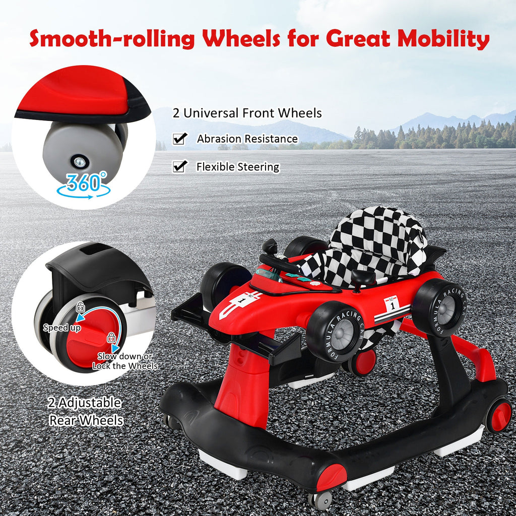 4-in-1 Baby Push Walker with Adjustable Height - Red, Foldable Activity Walker for Toddlers