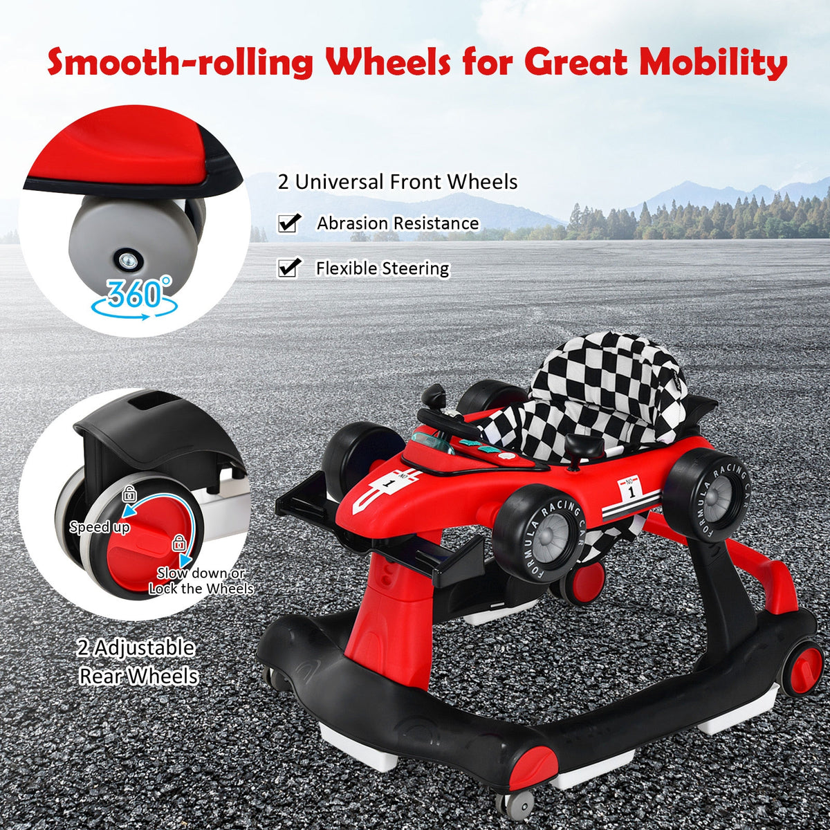 4-in-1 Baby Push Walker with Adjustable Height - Red, Foldable Activity Walker for Toddlers