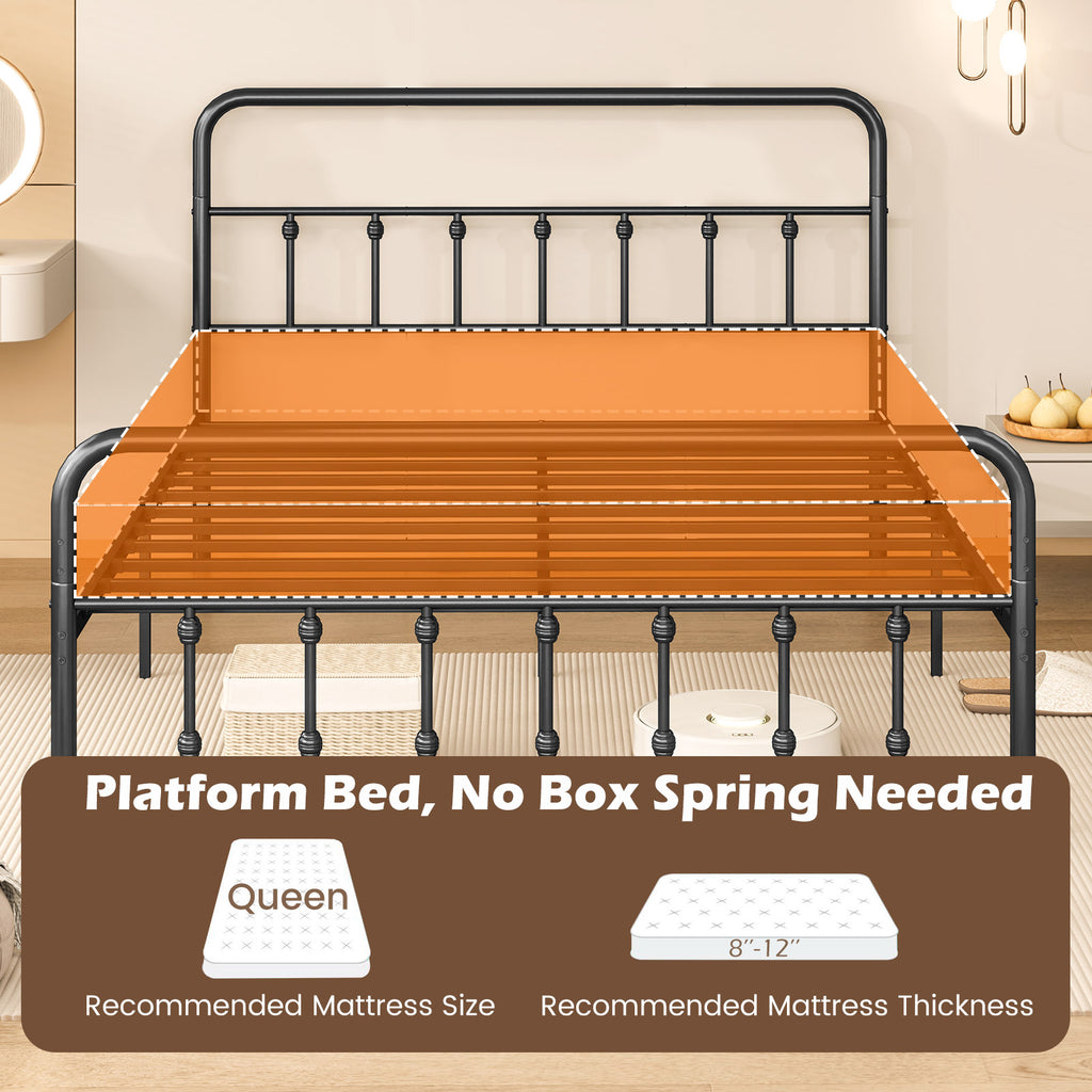 Metal Bed Frame with Headboard, Queen Size - Black
