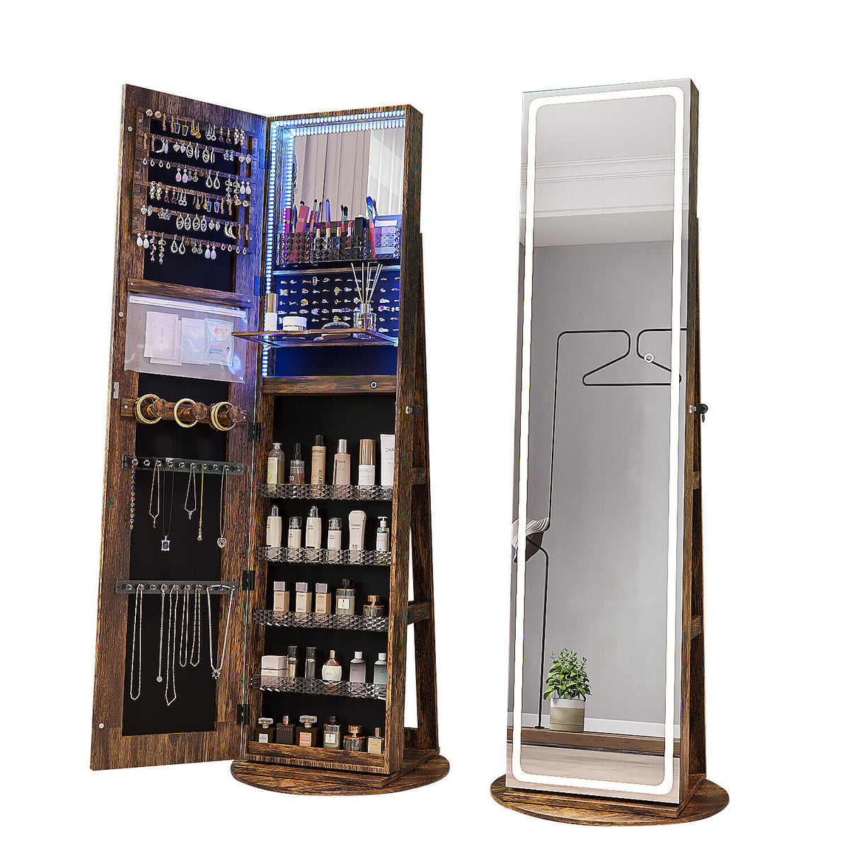 Standing Jewelry Cabinet with LED Mirror & Adjustable Lights, Brown