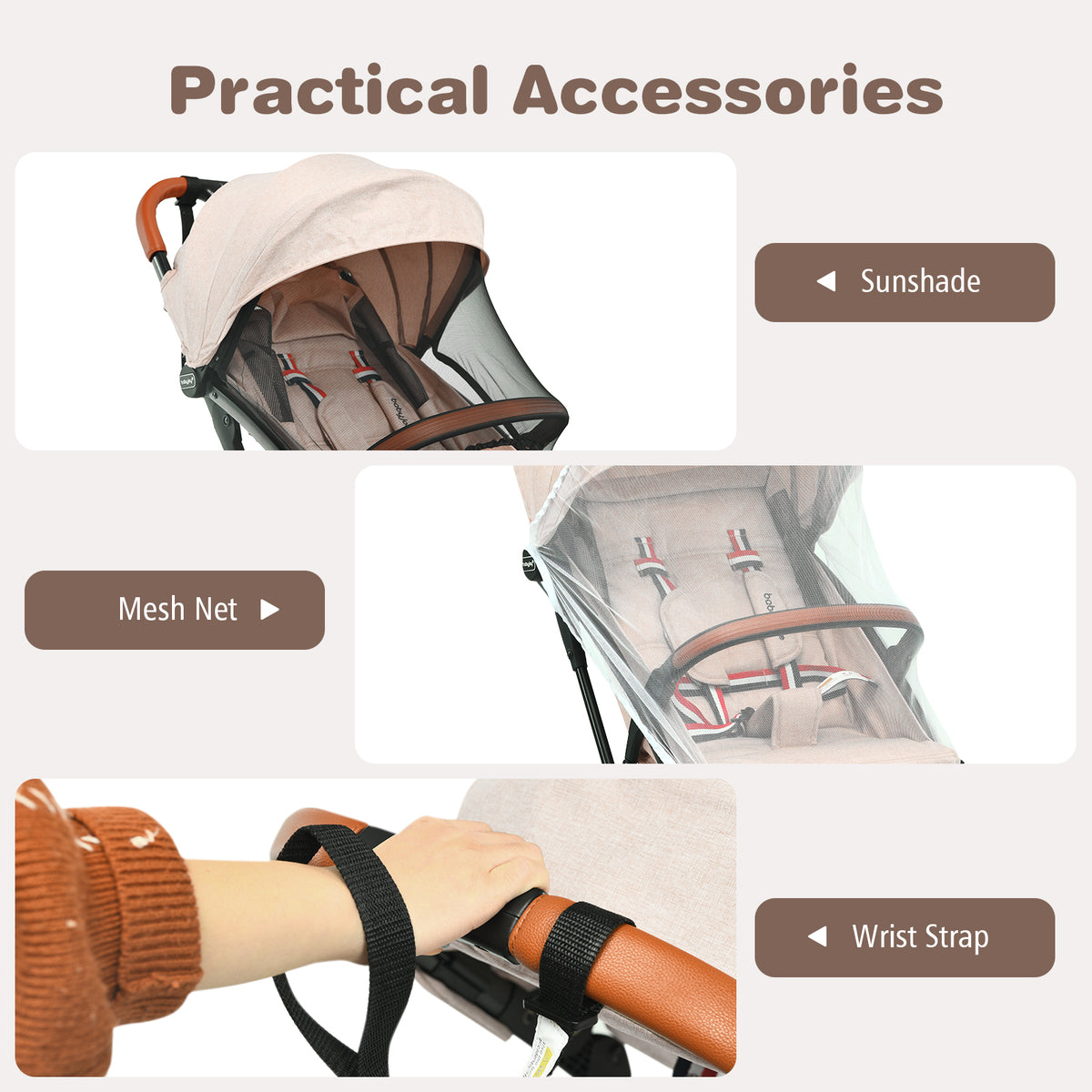 Lightweight Baby Stroller with 3-Position Backrest Beige - Compact Travel Toddler Pushchair for Airplane
