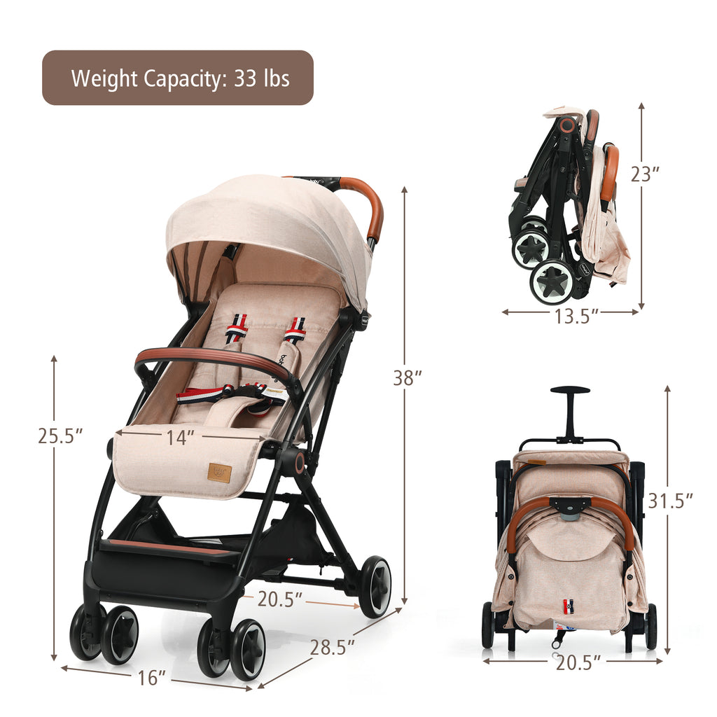 Lightweight Baby Stroller with 3-Position Backrest Beige - Compact Travel Toddler Pushchair for Airplane