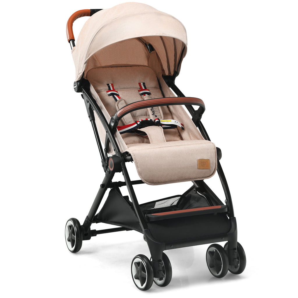 Lightweight Baby Stroller with 3-Position Backrest Beige - Compact Travel Toddler Pushchair for Airplane