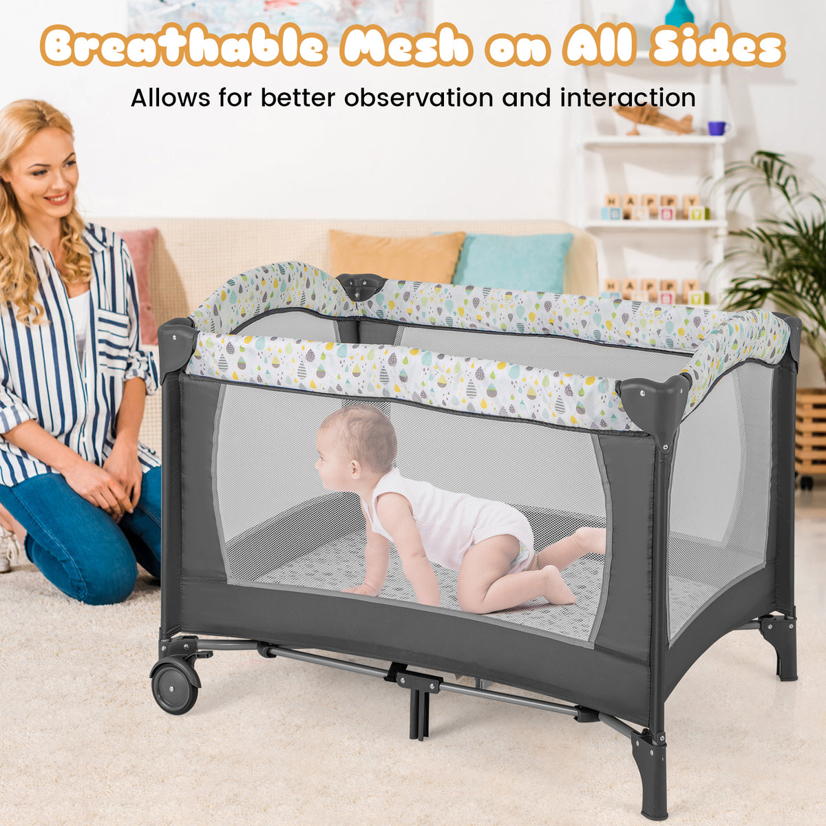 Baby Playpen with Removable Changing Table - Beige 3-in-1 Baby Safety Play Yard