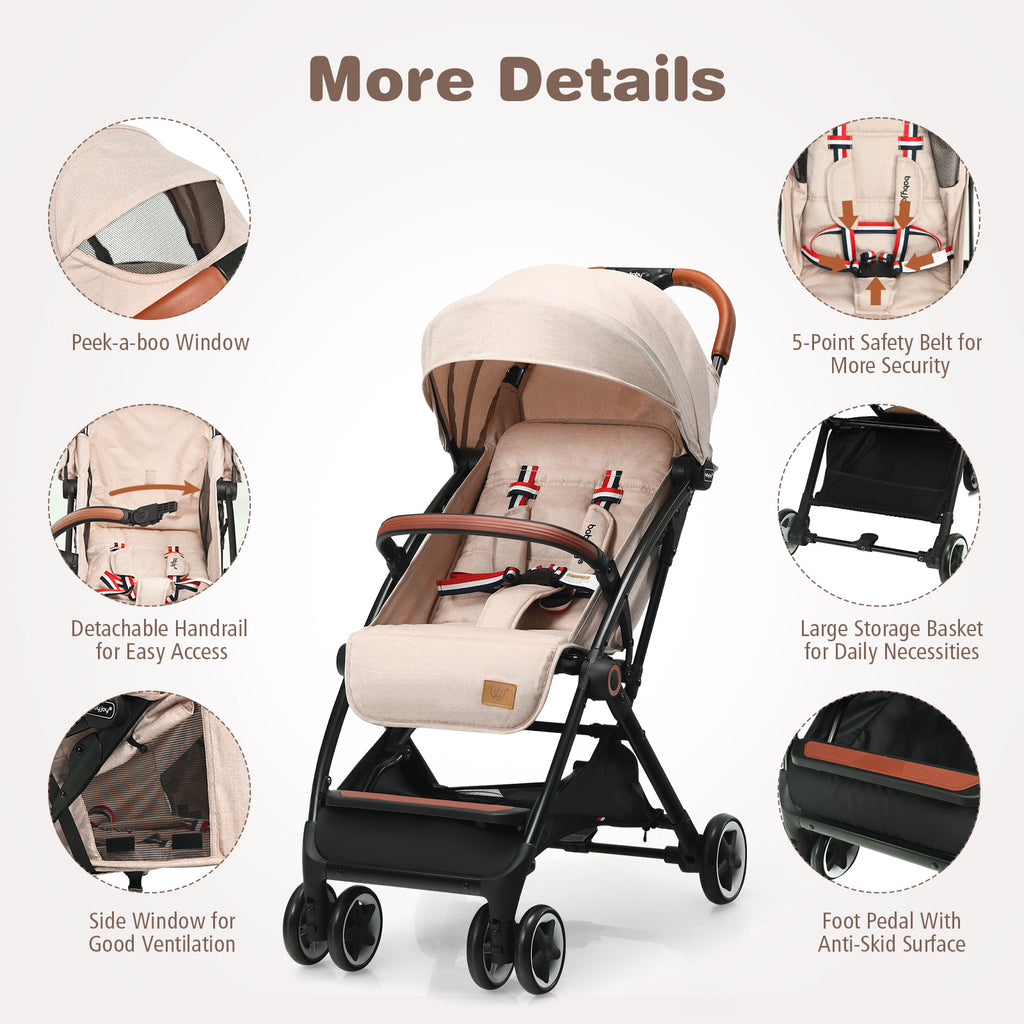 Lightweight Baby Stroller with 3-Position Backrest Beige - Compact Travel Toddler Pushchair for Airplane