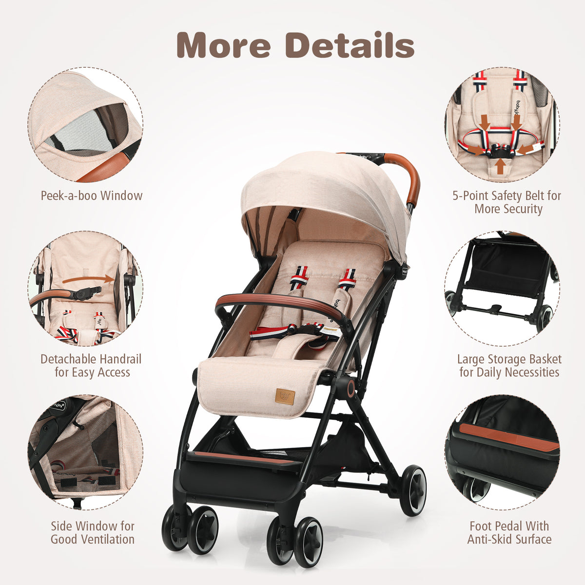 Lightweight Baby Stroller with 3-Position Backrest Beige - Compact Travel Toddler Pushchair for Airplane