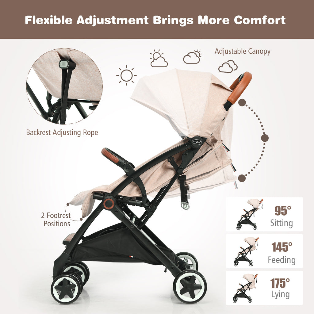 Lightweight Baby Stroller with 3-Position Backrest Beige - Compact Travel Toddler Pushchair for Airplane