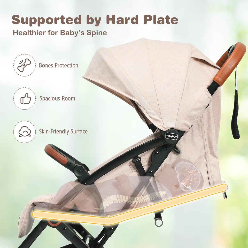 Lightweight Baby Stroller with 3-Position Backrest Beige - Compact Travel Toddler Pushchair for Airplane