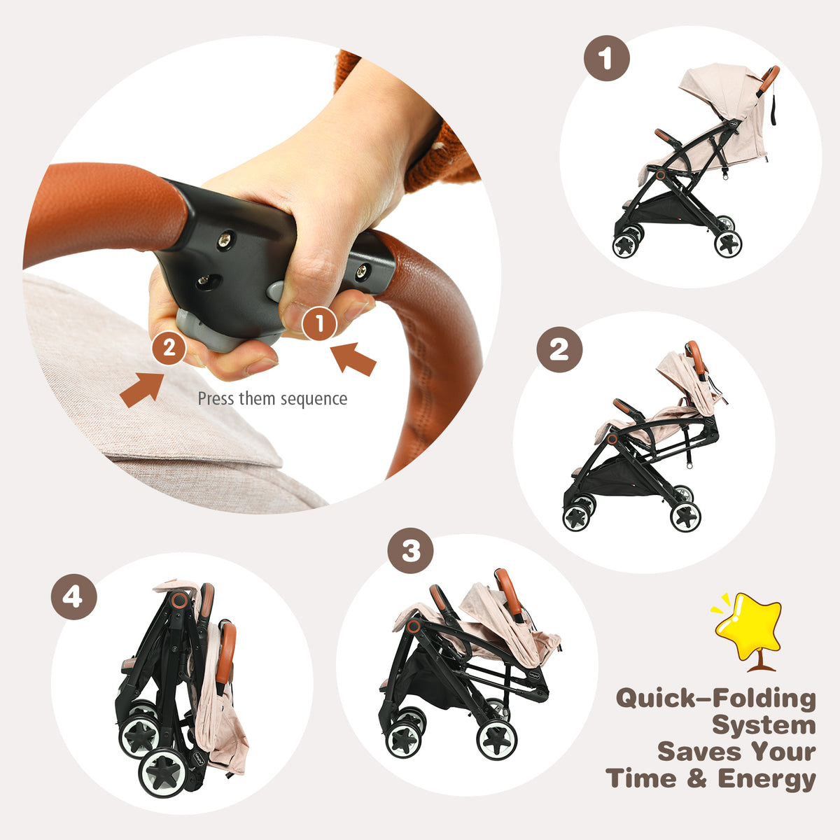 Lightweight Baby Stroller with 3-Position Backrest Beige - Compact Travel Toddler Pushchair for Airplane