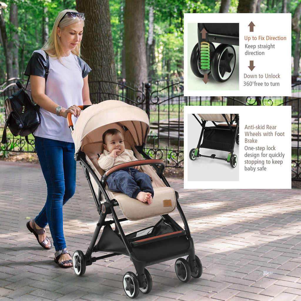 Lightweight Baby Stroller with 3-Position Backrest Beige - Compact Travel Toddler Pushchair for Airplane