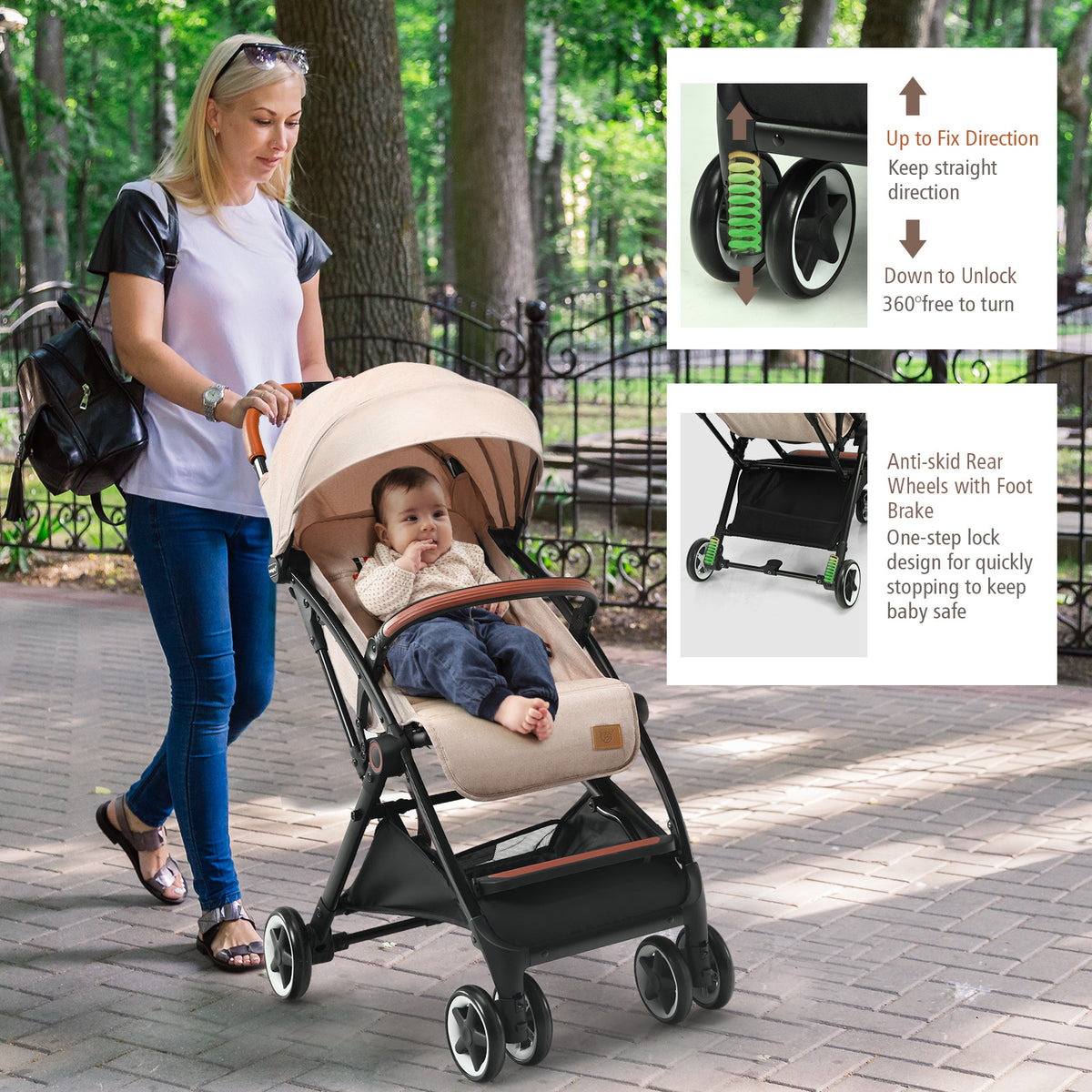 Lightweight Baby Stroller with 3-Position Backrest Beige - Compact Travel Toddler Pushchair for Airplane