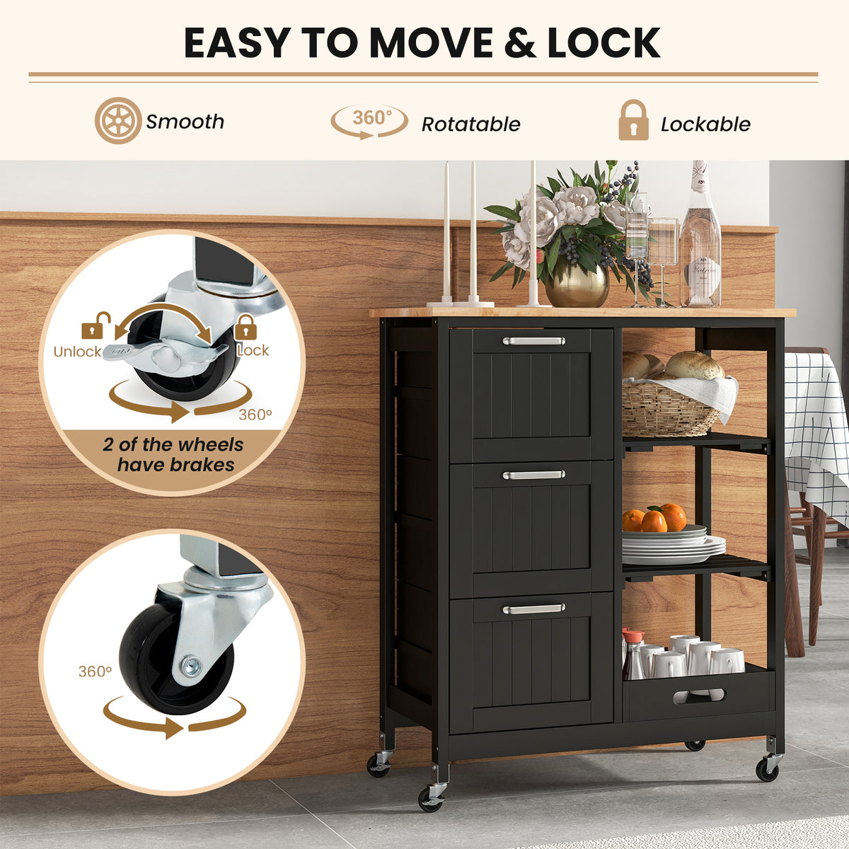 Rolling Kitchen Island Utility Storage Cart, 3 Drawers - Black