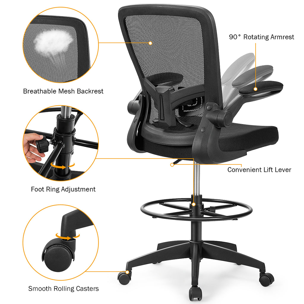 Height Adjustable Drafting Chair with Flip-Up Arms, Black