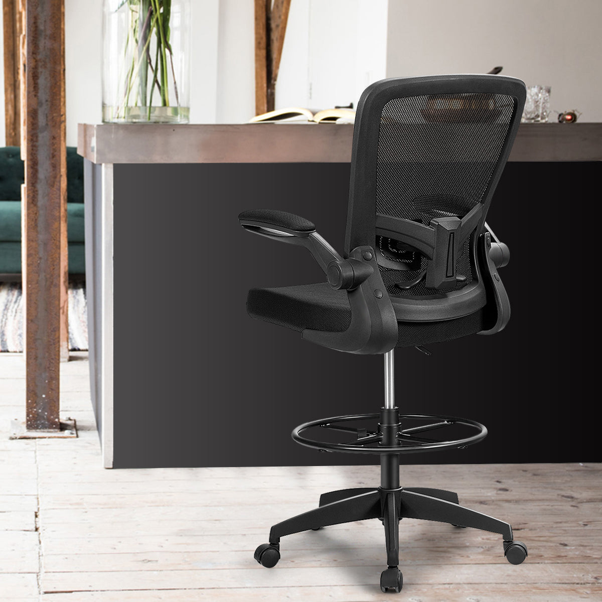 Height Adjustable Drafting Chair with Flip-Up Arms, Black