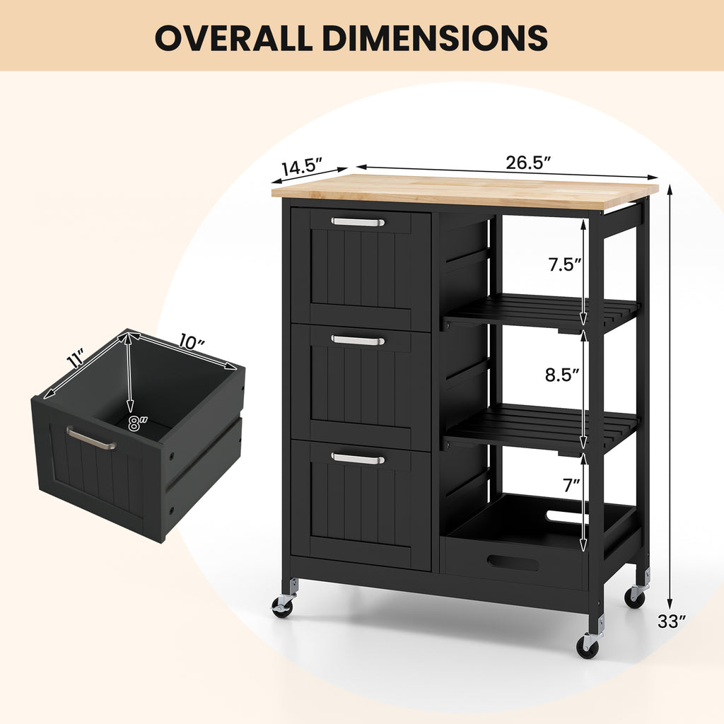 Rolling Kitchen Island Utility Storage Cart, 3 Drawers - Black