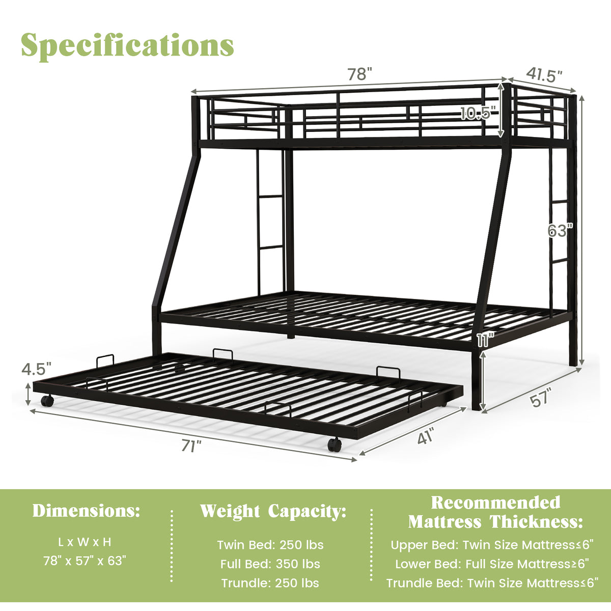 Twin Over Full Metal Bunk Bed with Trundle, Black