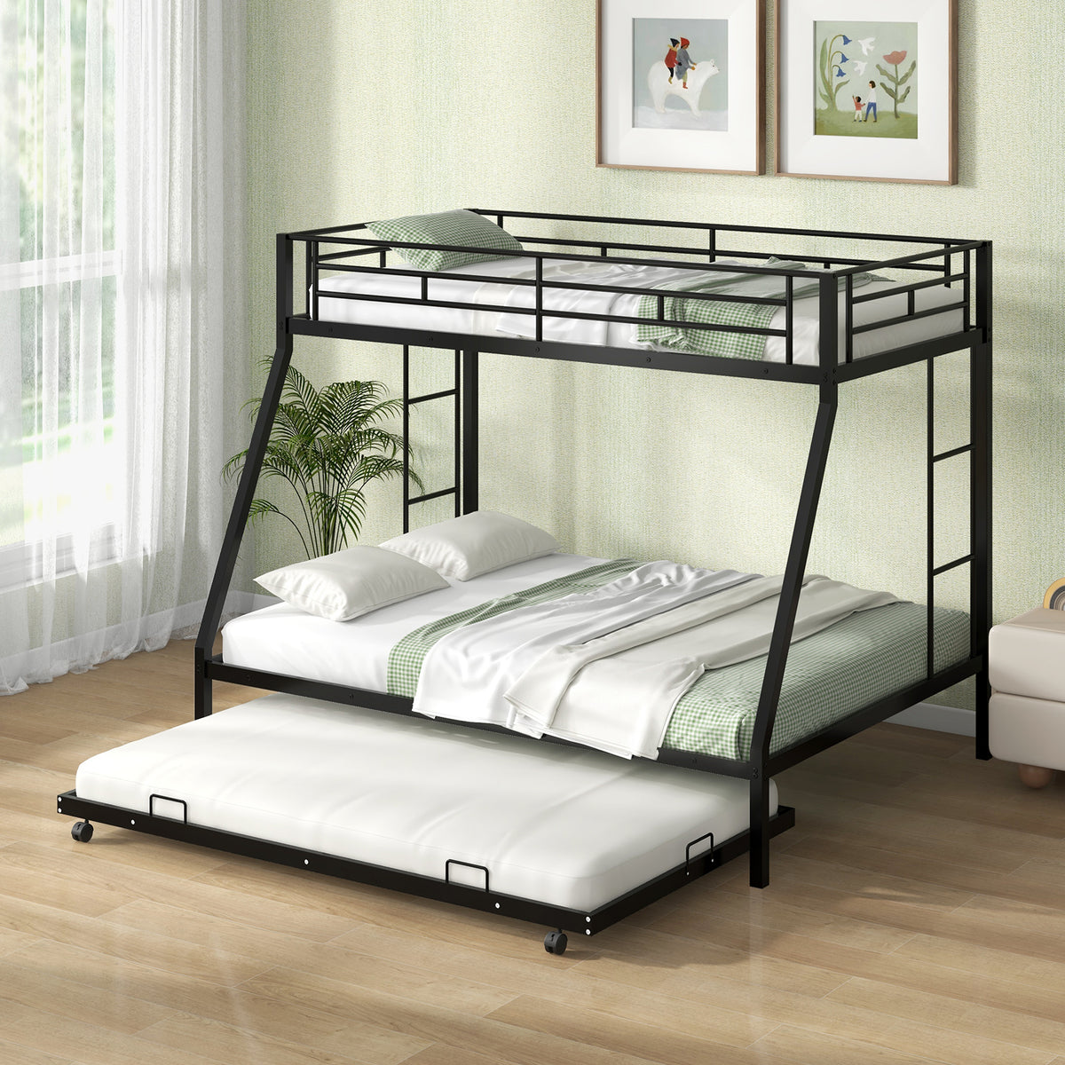 Twin Over Full Metal Bunk Bed with Trundle, Black