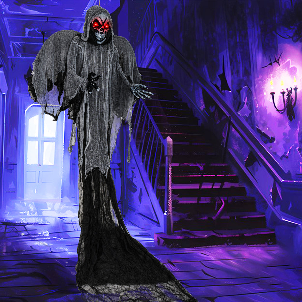 12.1 Ft Hanging Skeleton Ghost with Flickering Red Eyes and Scary Sounds - Reaper Variation