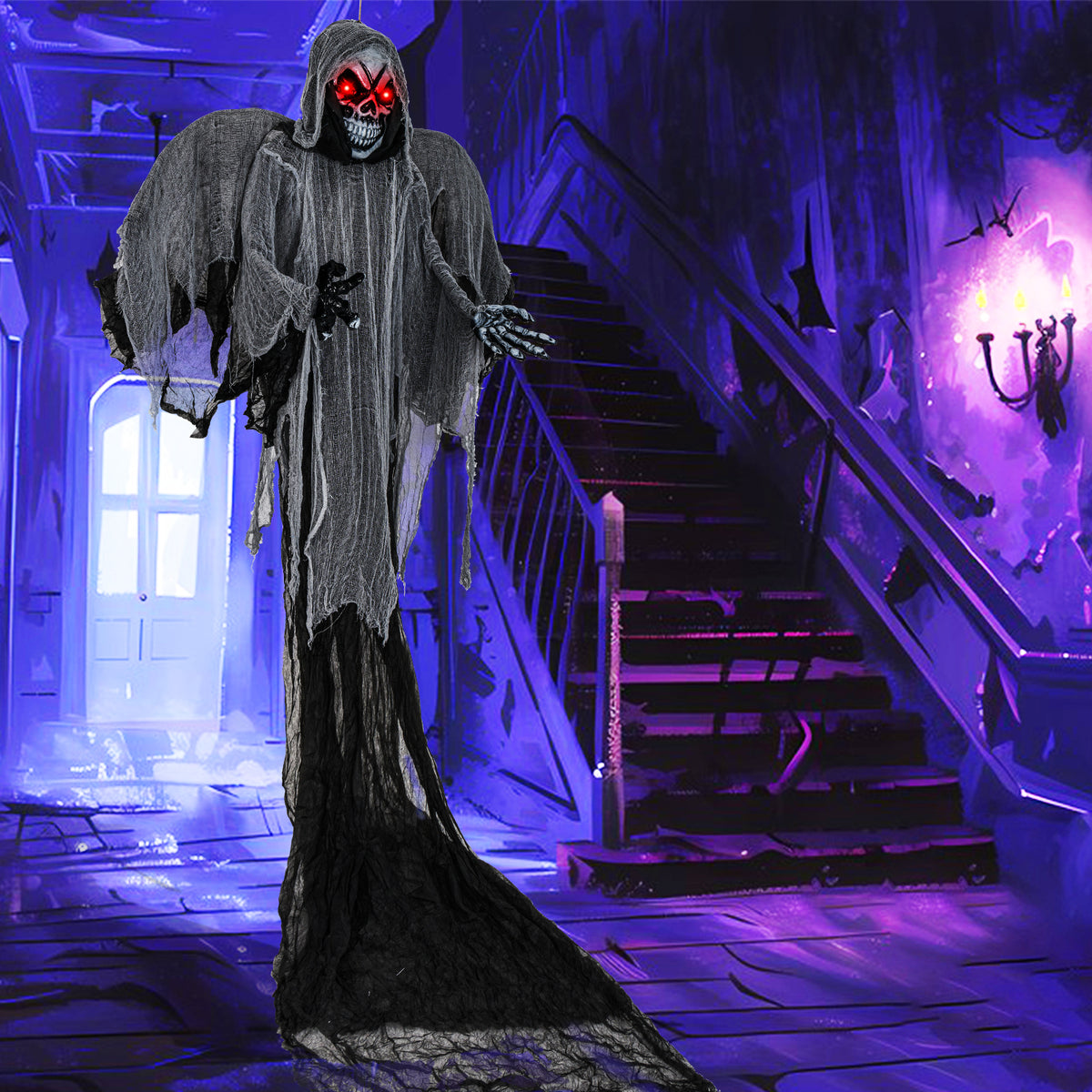 12.1 Ft Hanging Skeleton Ghost with Flickering Red Eyes and Scary Sounds - Reaper Variation