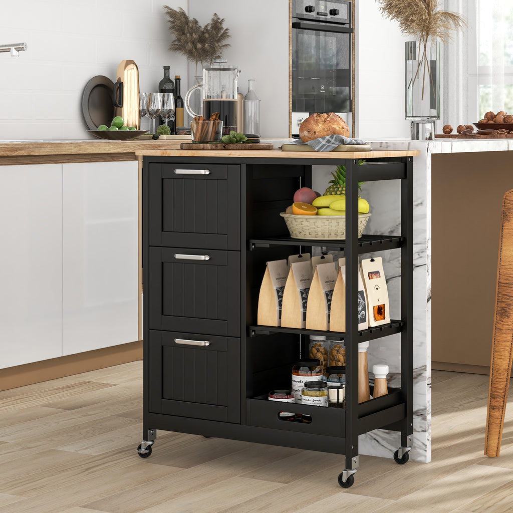 Rolling Kitchen Island Utility Storage Cart, 3 Drawers - Black