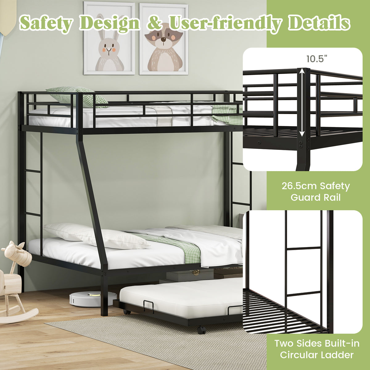 Twin Over Full Metal Bunk Bed with Trundle, Black