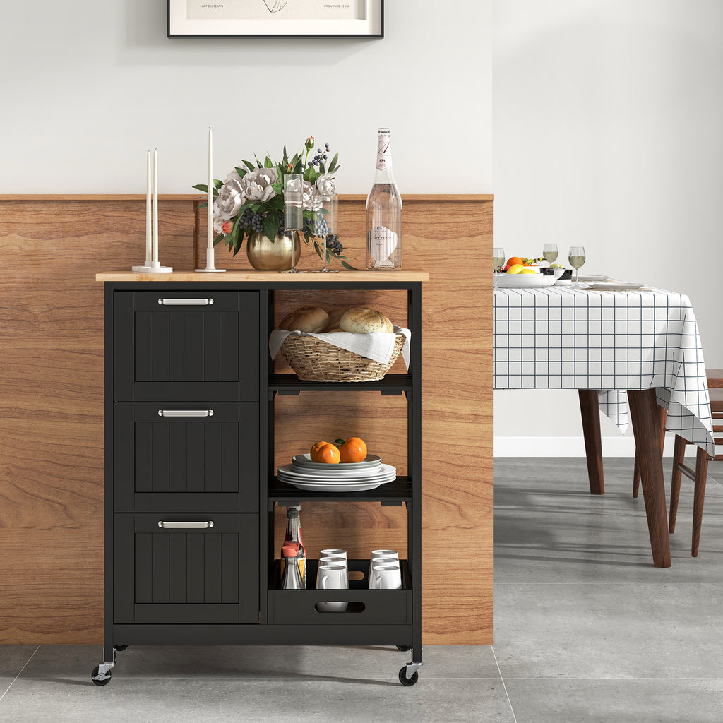 Rolling Kitchen Island Utility Storage Cart, 3 Drawers - Black