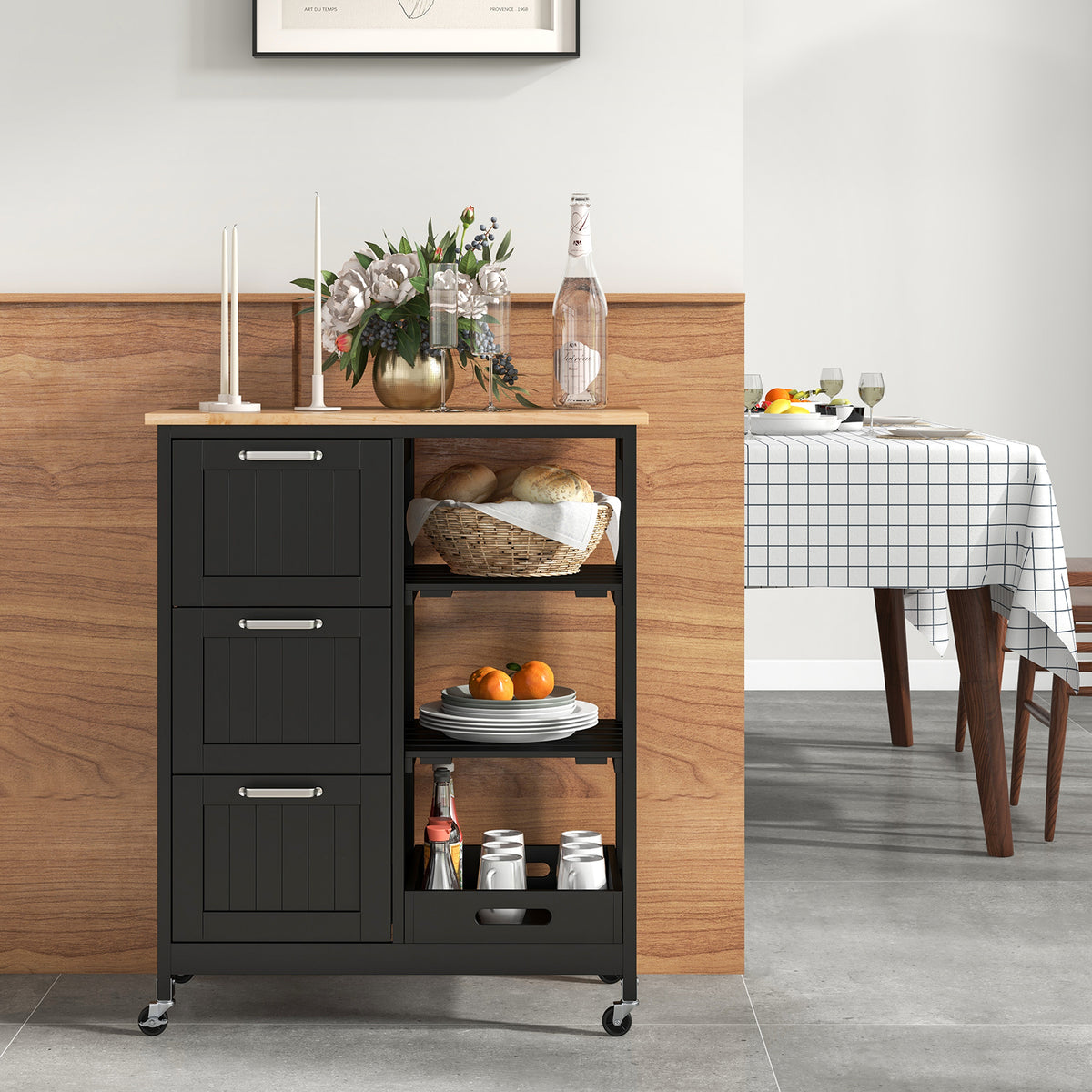 Rolling Kitchen Island Utility Storage Cart, 3 Drawers - Black