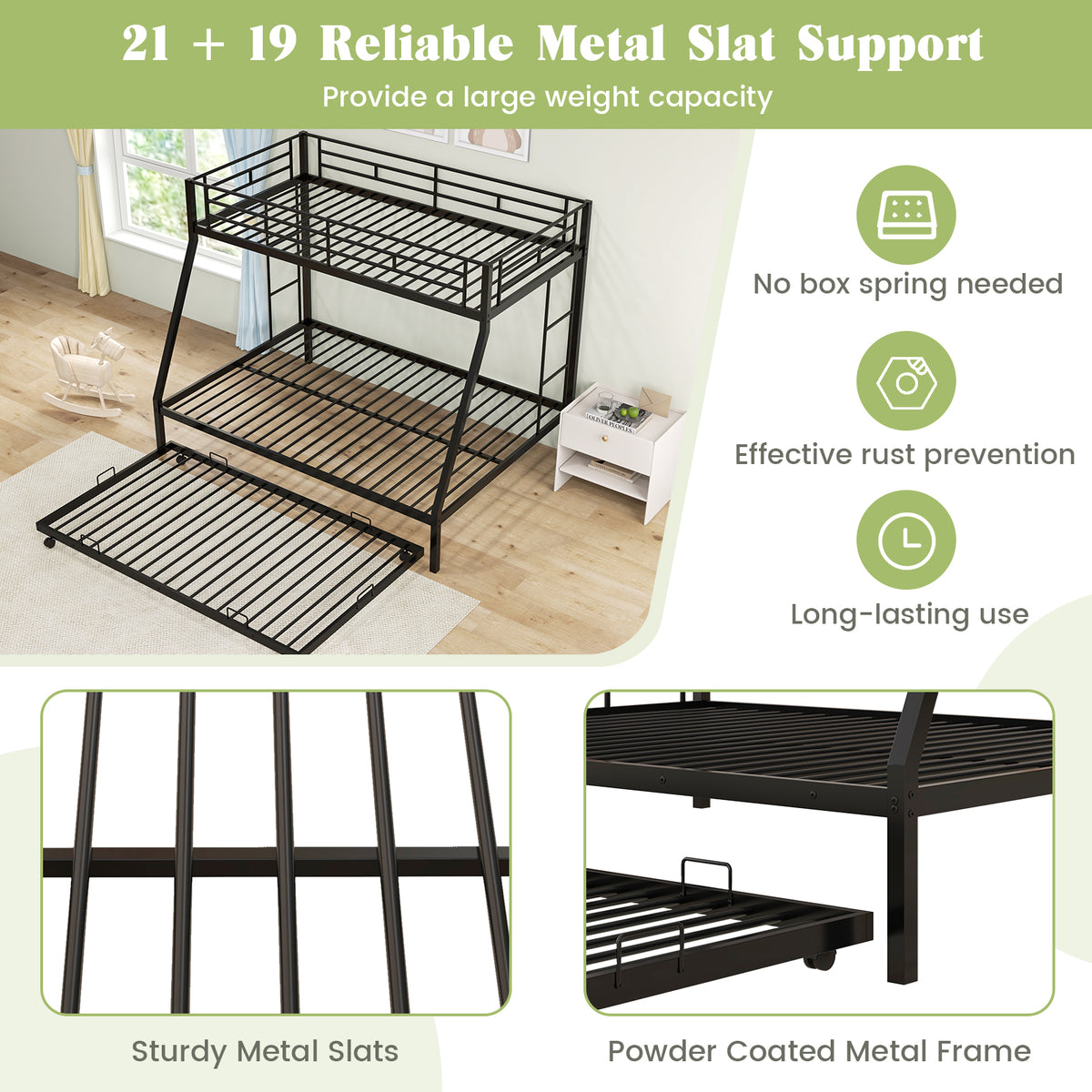 Twin Over Full Metal Bunk Bed with Trundle, Black