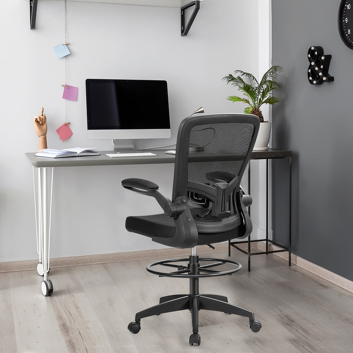 Height Adjustable Drafting Chair with Flip-Up Arms, Black