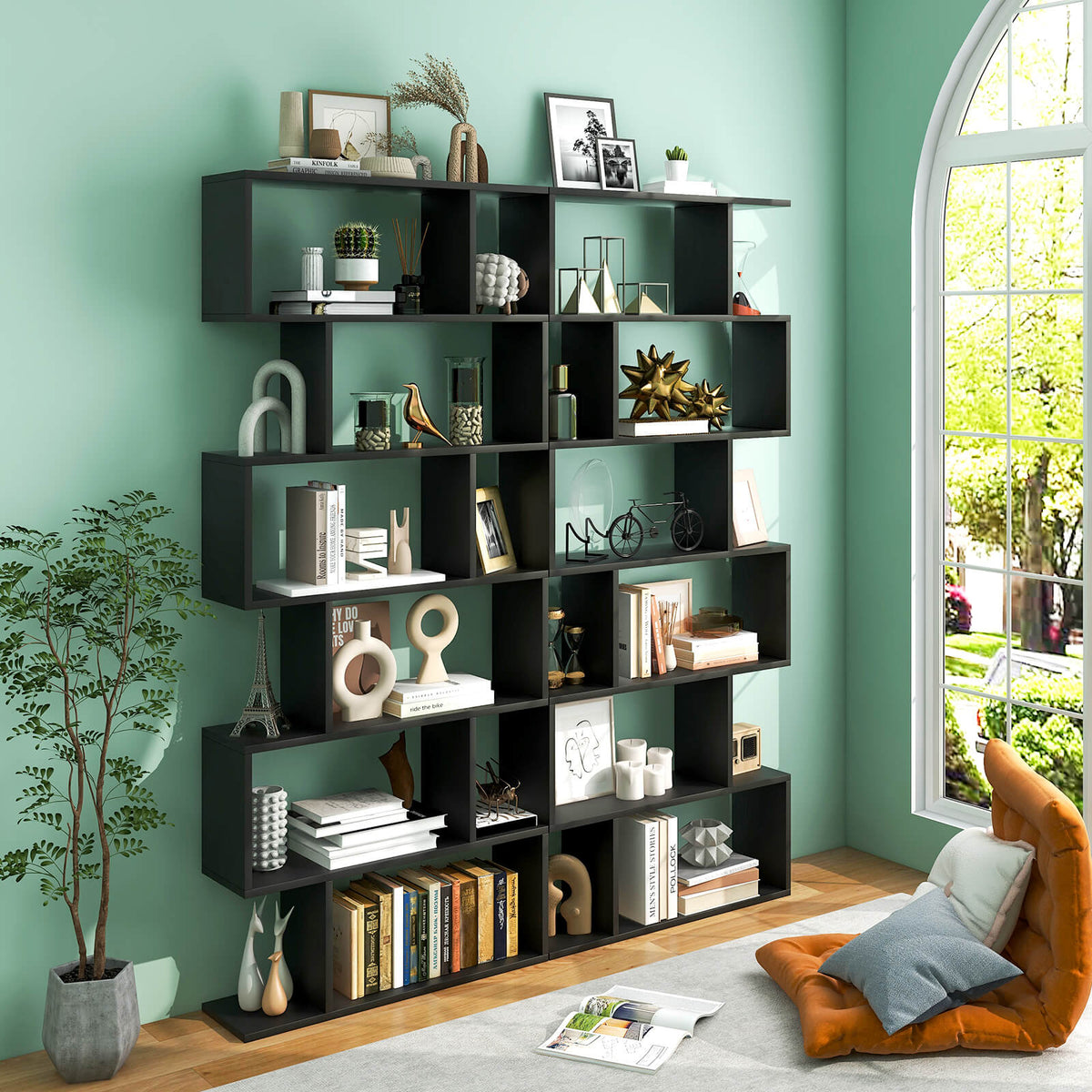 6-Tier S-Shaped Bookshelf - Black