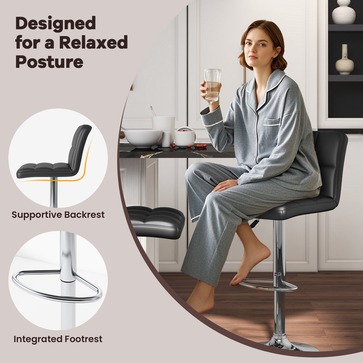 Square Swivel Bar Stools with Back - Grid Pattern, Black (Set of 2)
