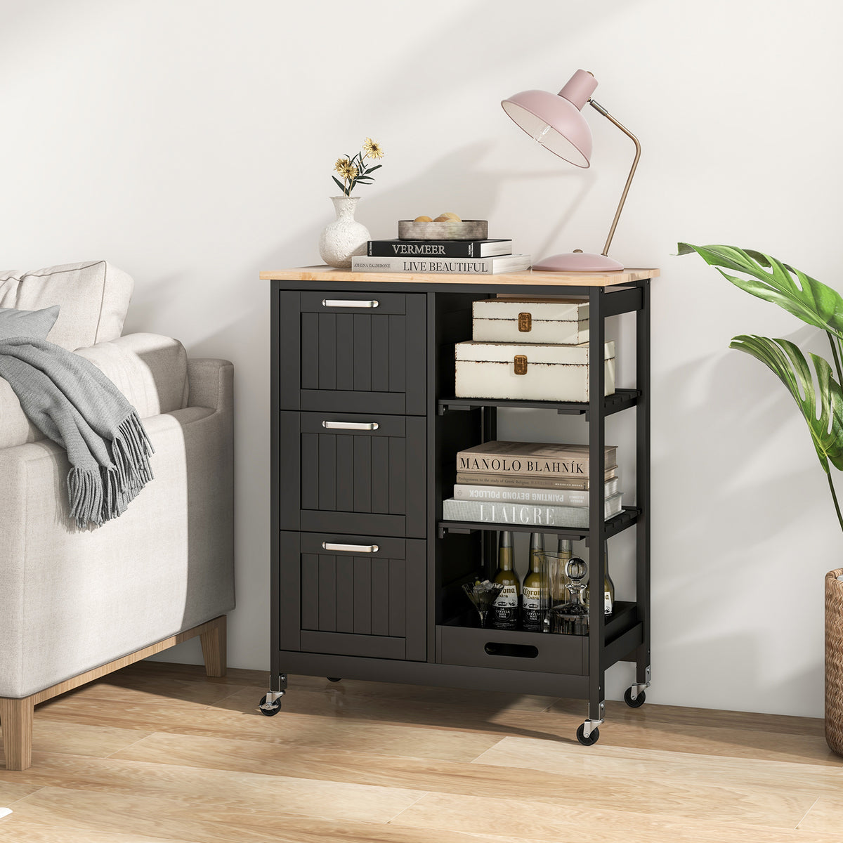 Rolling Kitchen Island Storage Cart with 3 Drawers – Black