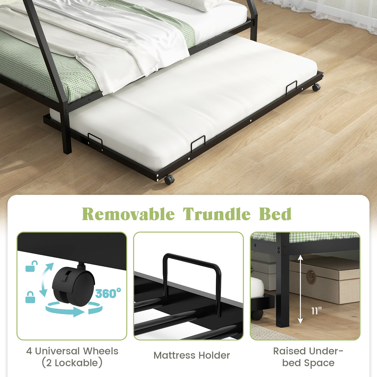 Twin Over Full Metal Bunk Bed with Trundle, Black