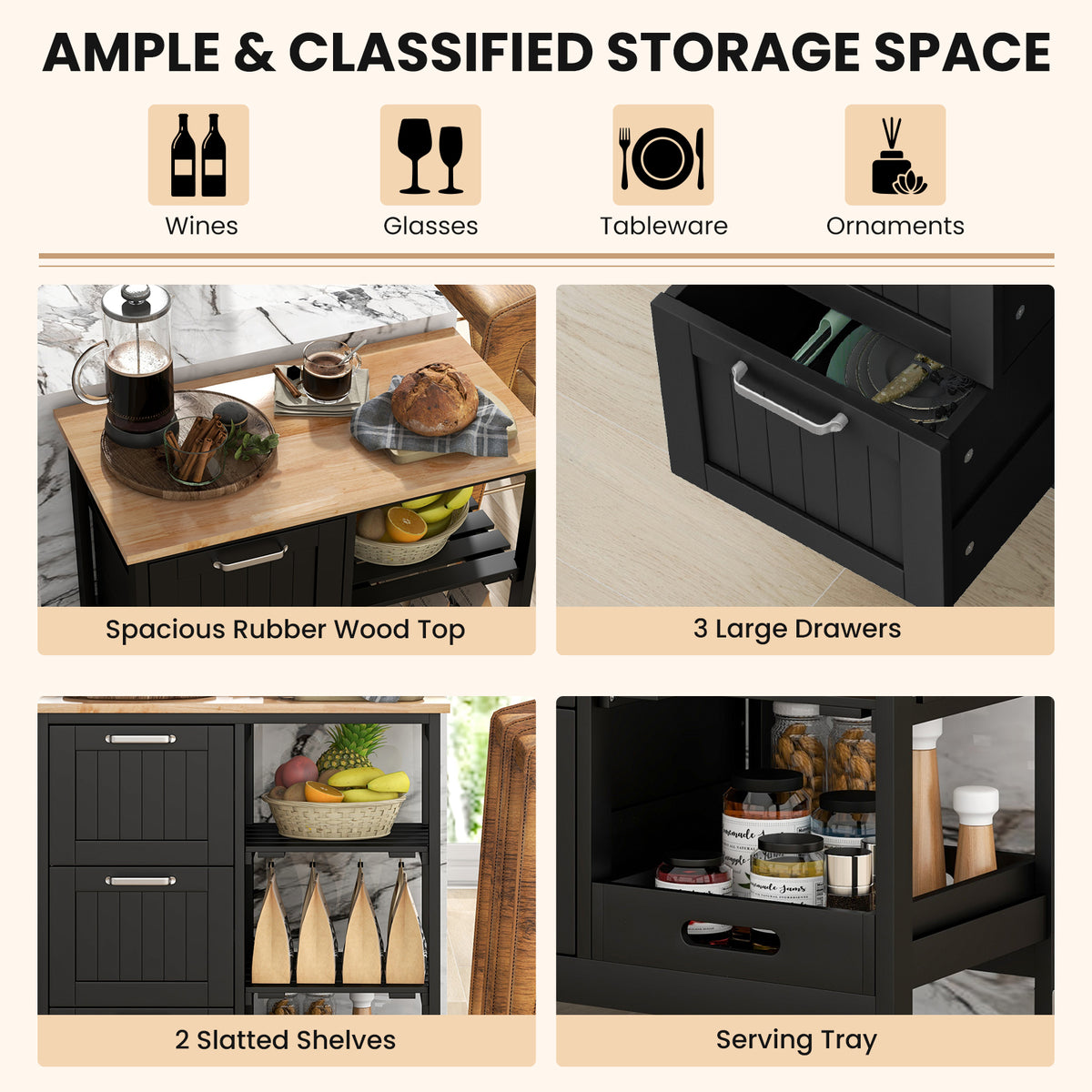 Rolling Kitchen Island Utility Storage Cart, 3 Drawers - Black