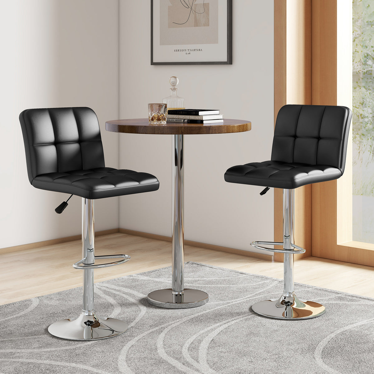 Square Swivel Bar Stools with Back - Grid Pattern, Black (Set of 2)
