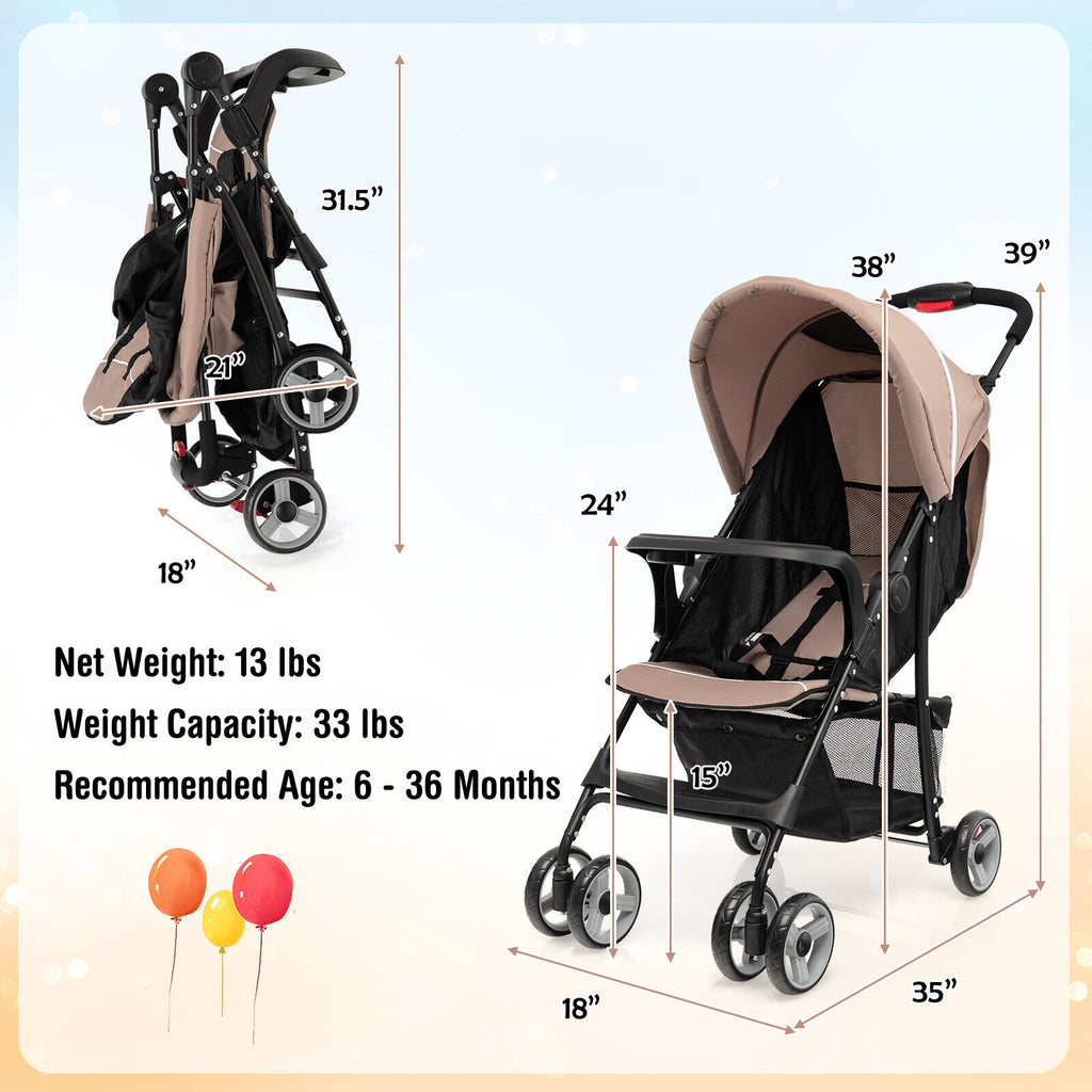 Toddler Compact Travel Stroller with Canopy and Adjustable Backrest - 2 Positions, Brown